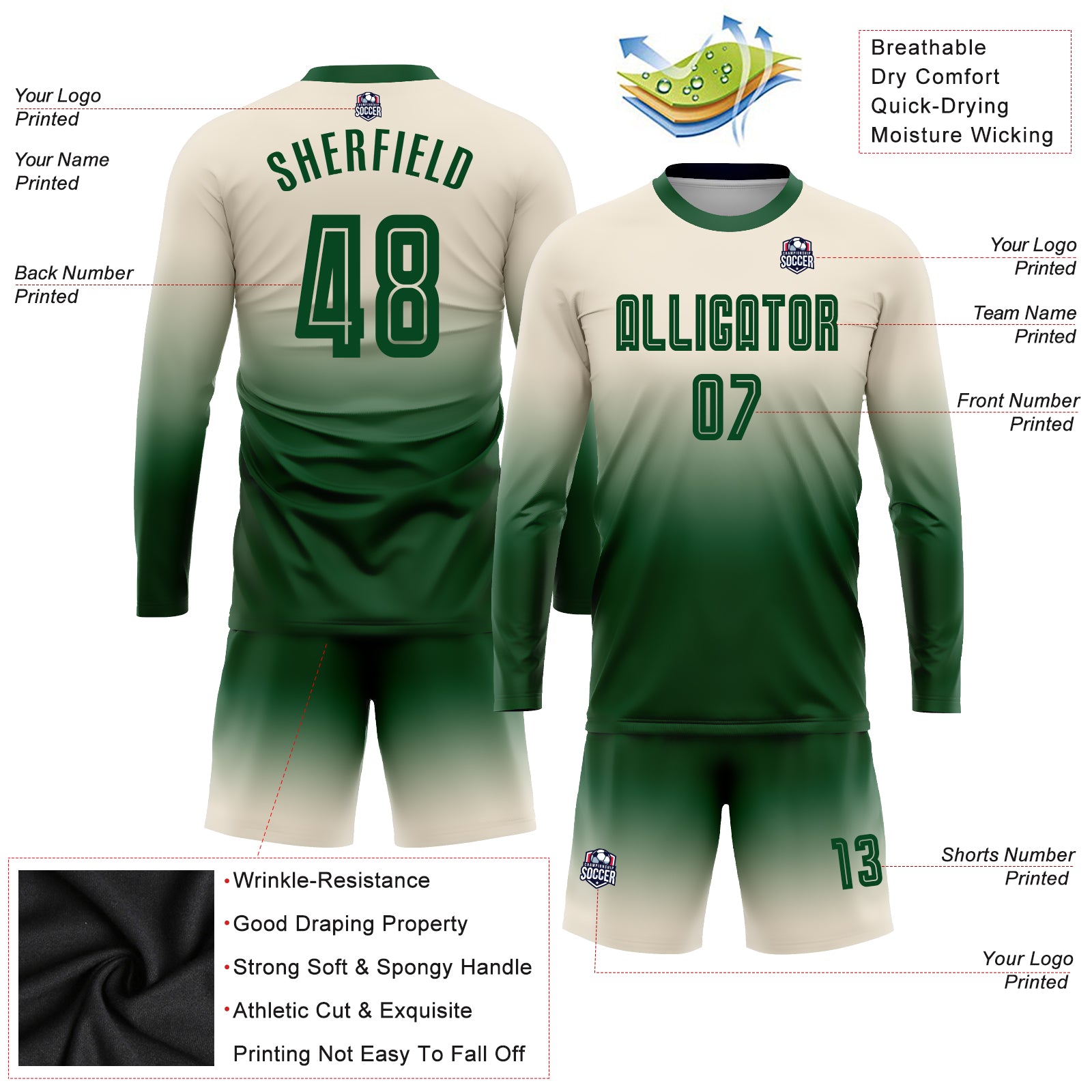 Personalized Cream Green Sublimation Long Sleeve Fade Fashion Soccer Uniform Jersey Team Custom Name and Number Custom Name and Number Personalized Cream Green Soccer Jersey for Teams - Long Sleeve Fade Fashion Uniform Personalized Cream - Image 3
