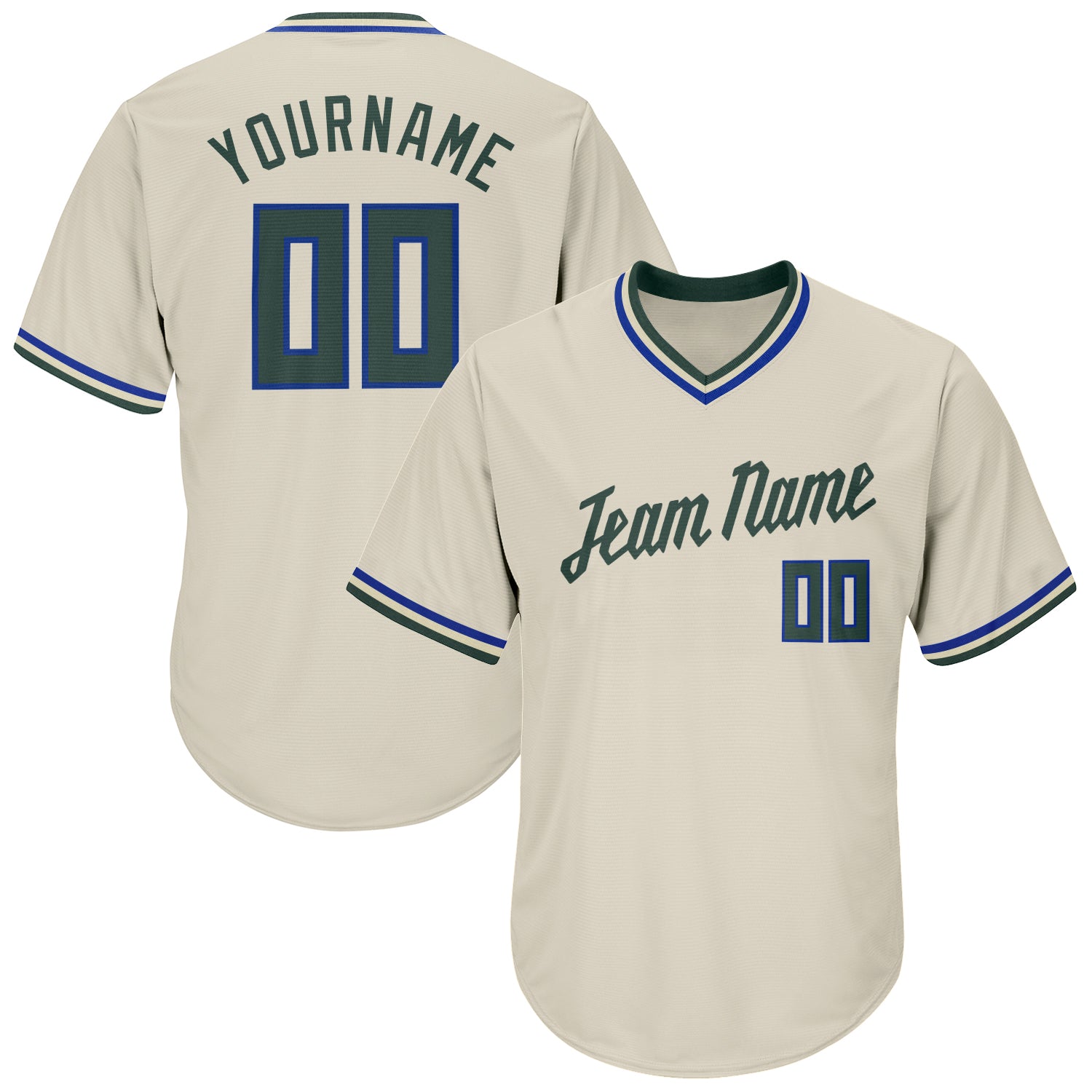 Custom Baseball Jersey Shirt with Personalized Name and Number in Cream and Hunter Green-Royal Rib-Knit Throwback Style Personalized