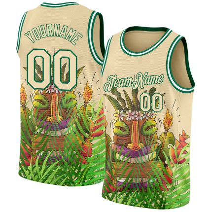 Personalized Tropical Hawaii Basketball Jersey - Cream Kelly Green 3D Cartoon Design Personalized Cream Kelly Green 3D Cartoon