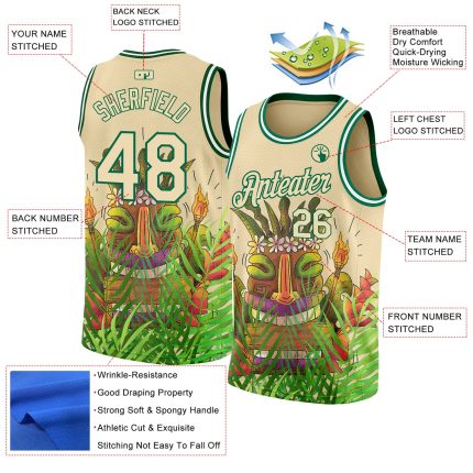 Personalized Tropical Hawaii Basketball Jersey - Cream Kelly Green 3D Cartoon Design Personalized Cream Kelly Green 3D Cartoon