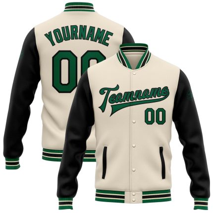 Personalized Two Tone Bomber Jacket in Cream Kelly Green-Black Full-Snap Varsity Letterman Style Personalized Cream Kelly