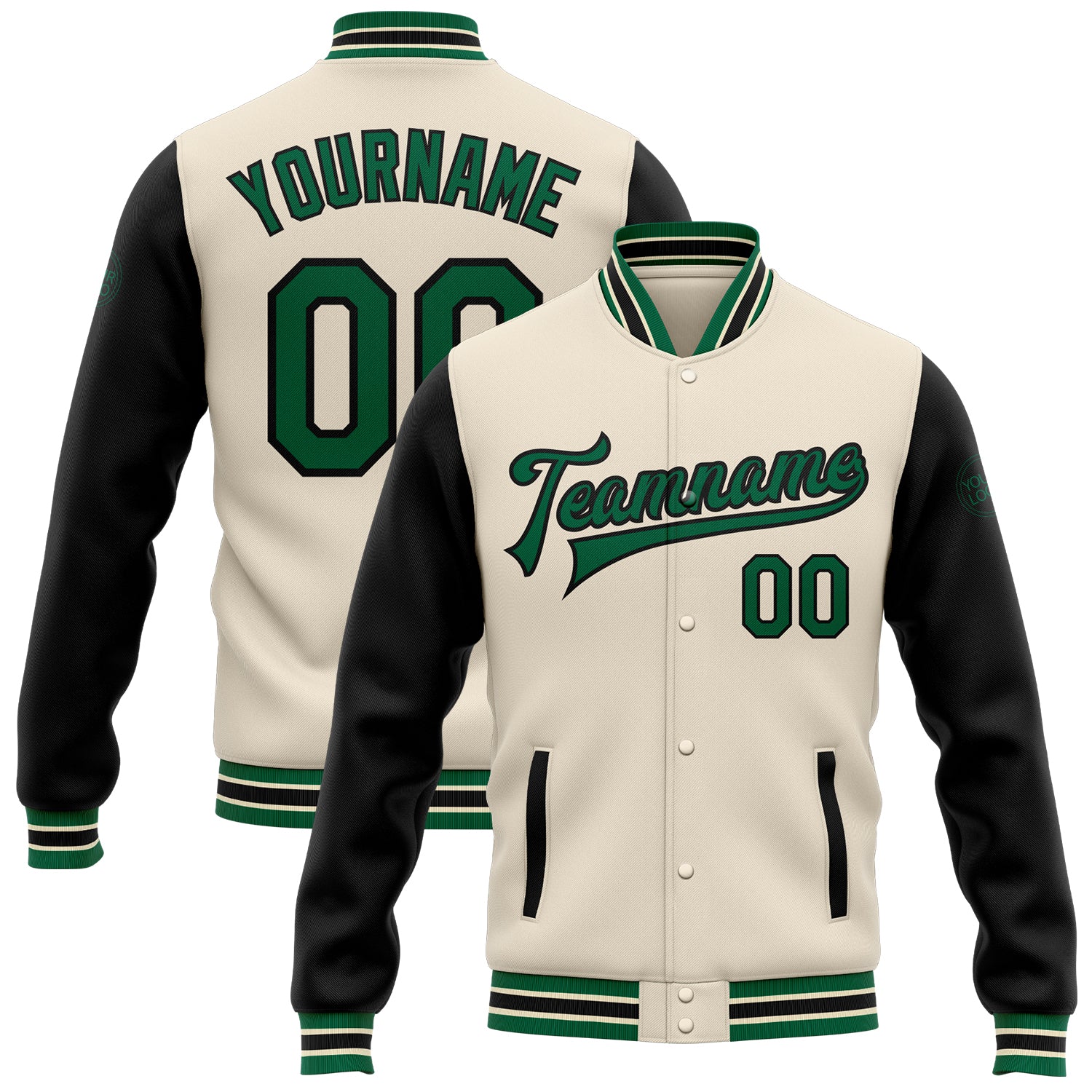 Personalized Two Tone Bomber Jacket in Cream Kelly Green-Black Full-Snap Varsity Letterman Style Personalized Cream Kelly