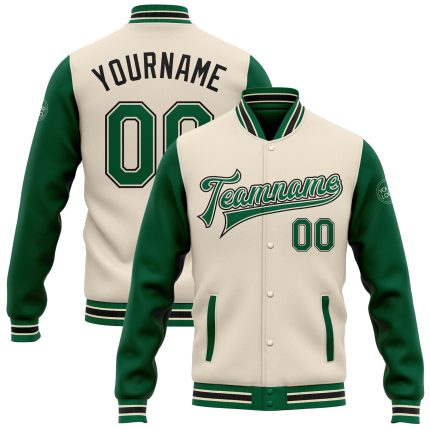 Personalized Two Tone Bomber Jacket - Cream Kelly Green Black Varsity Letterman Full-Snap Personalized Cream Kelly Green-Black