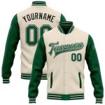 Custom Name and Number Personalized Two Tone Bomber Jacket in Cream Kelly Green and Black - Full-Snap Varsity Letterman Style