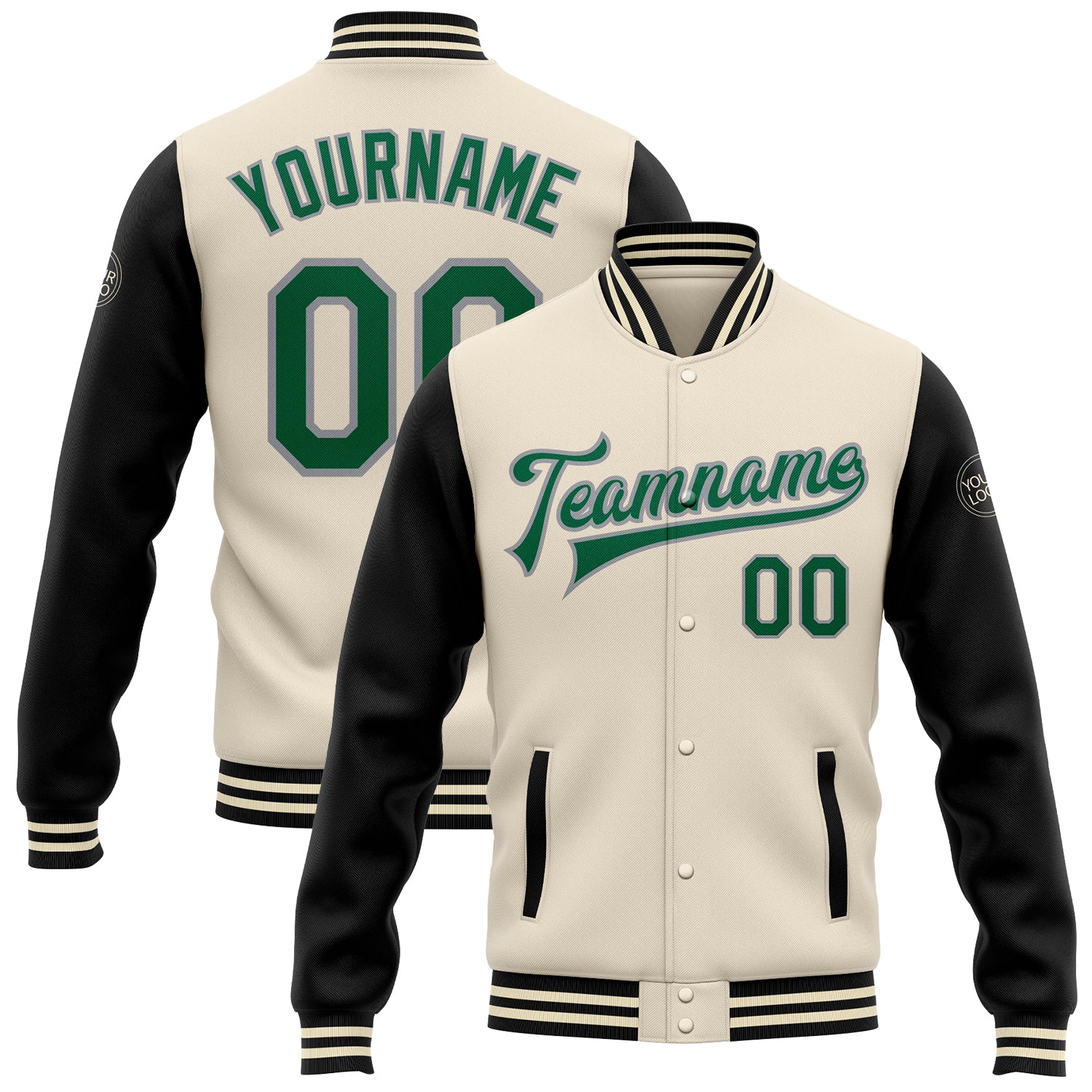 Personalized Custom Name and Number Bomber Jacket in Cream Kelly Green Black-Gray Varsity Letterman Style Personalized Cream