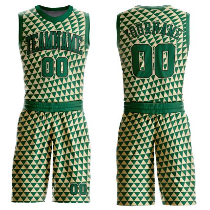 Custom Name and Number Basketball Jersey for Team in Cream Kelly Green-Black Triangle Shapes Round Neck Sublimation Suit