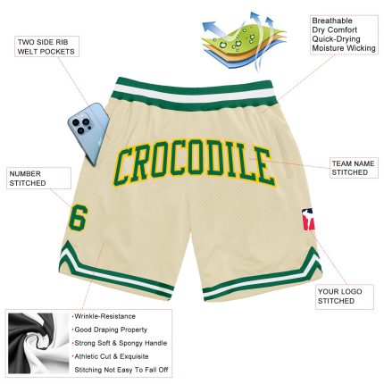 Custom Name and Number Personalized Authentic Throwback Basketball Shorts in Cream, Kelly Green, and Gold Personalized Cream
