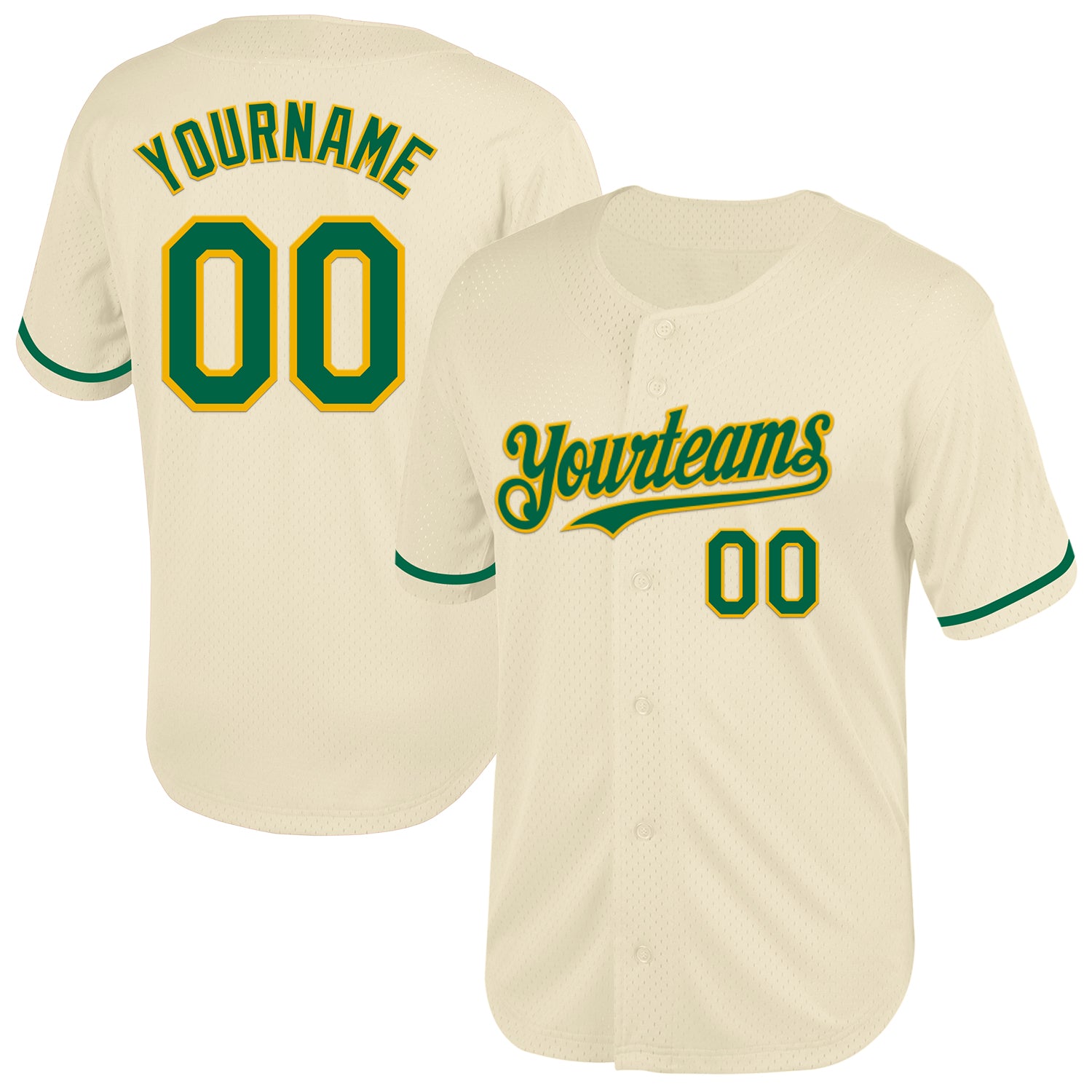 Custom Name Number Authentic Throwback Baseball Jersey Personalized Cream Kelly Green Gold Mesh Personalized Cream Kelly