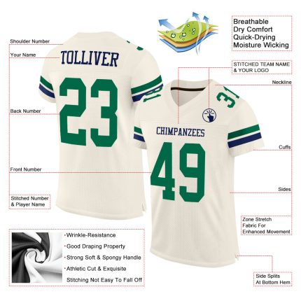 Custom Name & Number Personalized Authentic Football Jersey in Cream, Kelly Green & Navy Mesh Personalized Cream Kelly Green-Navy