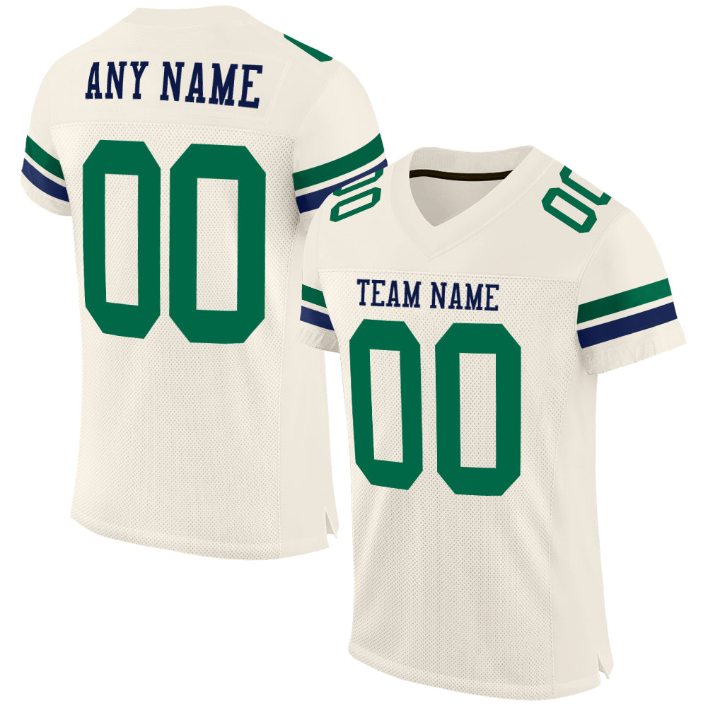 Personalized Kelly Green and Navy Mesh Football Jersey for Custom Teamwear Personalized Cream Kelly Green-Navy Mesh Football