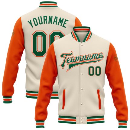 Personalized Two Tone Bomber Jacket in Cream Kelly Green Orange - Full-Snap Varsity Letterman Style Personalized Cream Kelly