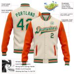 Custom Personalized Bomber Jacket with Team Name and Number, Cream Kelly Green-Orange, Full-Snap Varsity Letterman Style