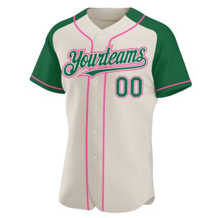 Custom Name and Number Authentic Baseball Jersey in Cream Kelly Green-Pink Raglan Sleeves, Personalized Team Apparel Personalized