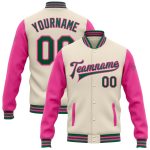 Custom Two Tone Bomber Varsity Jacket with Name and Number in Cream Kelly Green and Pink - Personalized Full-Snap Design