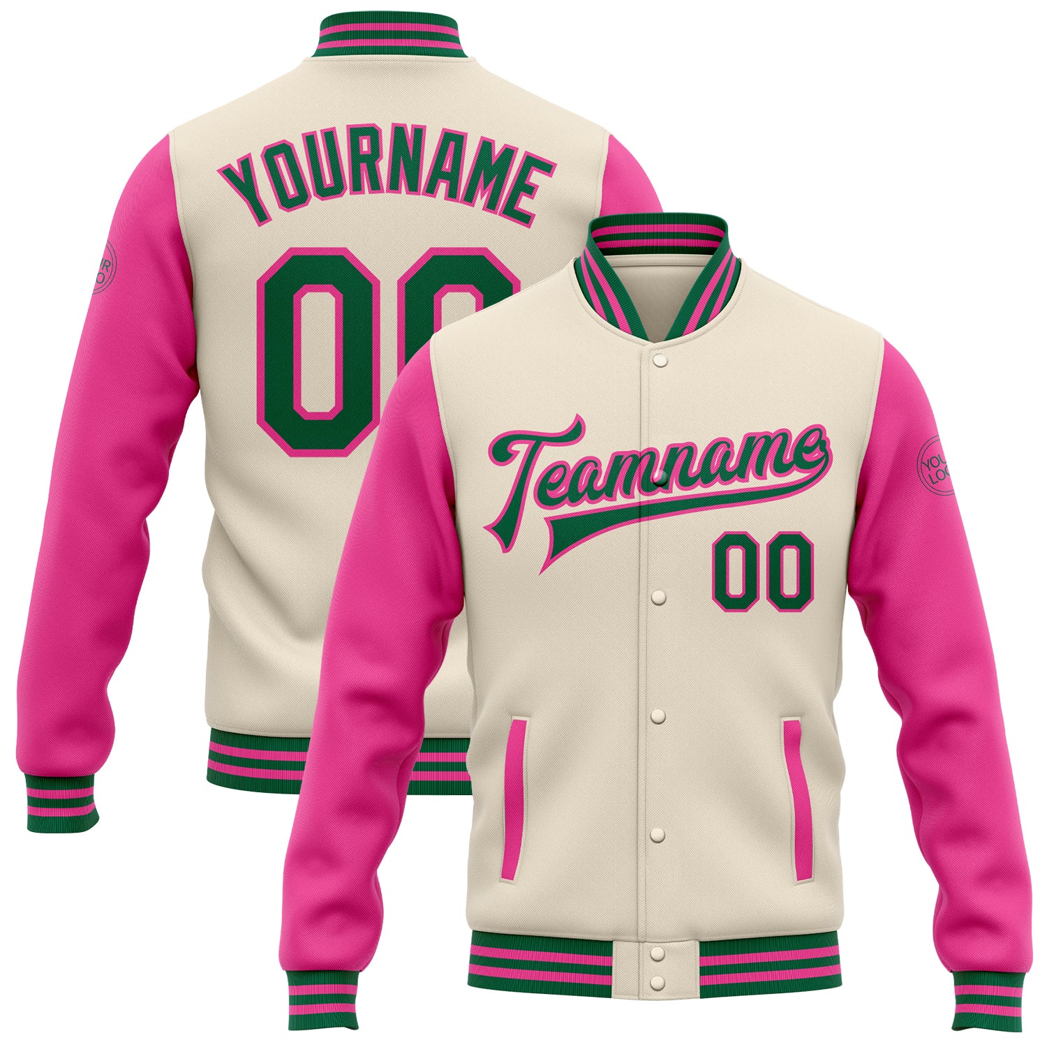Custom Two Tone Bomber Varsity Jacket with Name and Number in Cream Kelly Green and Pink - Personalized Full-Snap Design
