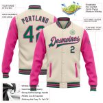 Personalized Bomber Jacket Kelly Green Pink Two Tone Full Snap Varsity Letterman Personalized Cream Kelly Green-Pink Bomber