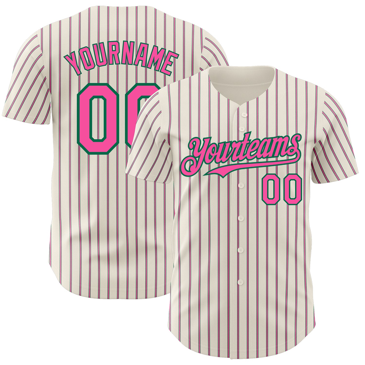 Custom Name and Number Personalized Baseball Jersey in Cream, Kelly Green, Pink Pinstripe - Authentic Design Personalized