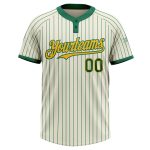 Custom Name and Number Unisex Softball Jersey in Cream Kelly Green Pinstripe with Gold Two-Button Design Personalized Cream