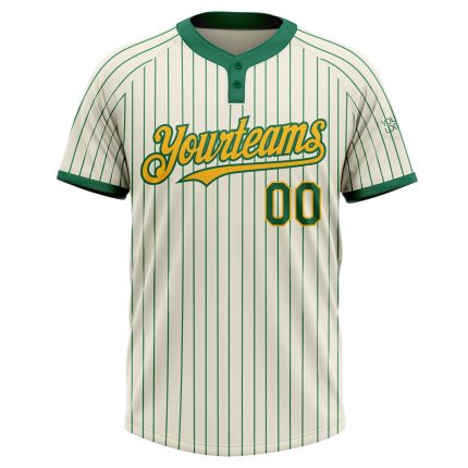 Custom Name and Number Unisex Softball Jersey in Cream Kelly Green Pinstripe with Gold Two-Button Design Personalized Cream