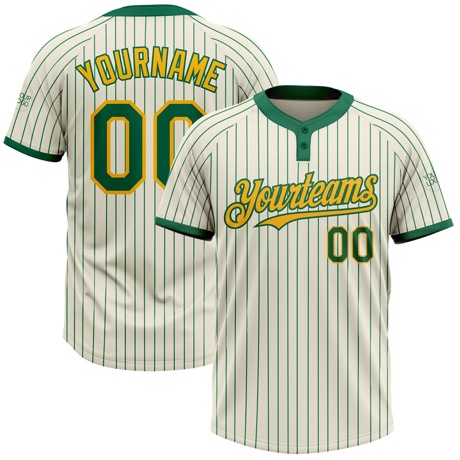 Custom Name and Number Unisex Softball Jersey in Cream Kelly Green Pinstripe with Gold Two-Button Design Personalized Cream