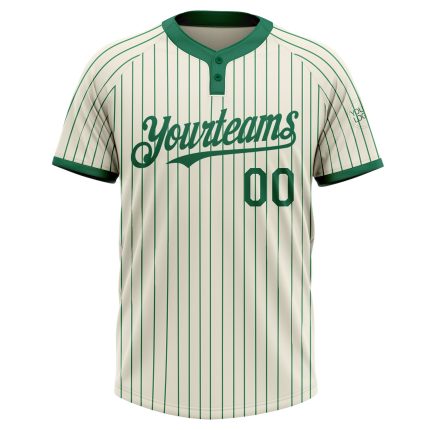 Customized Unisex Softball Jersey with Name and Number - Personalized Cream and Kelly Green Two-Button Pinstripe Design Personalized