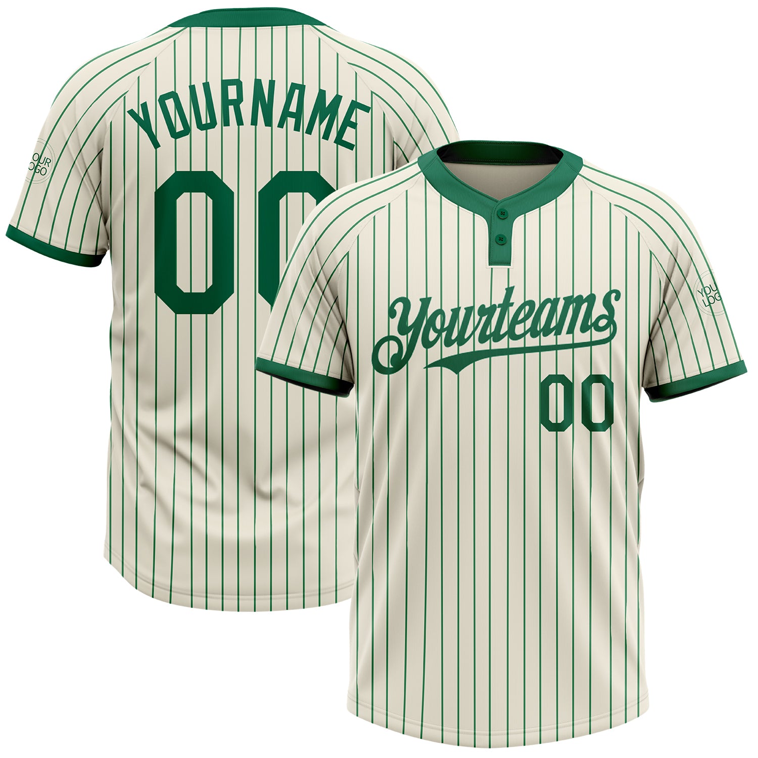 Customized Unisex Softball Jersey with Name and Number - Personalized Cream and Kelly Green Two-Button Pinstripe Design Personalized