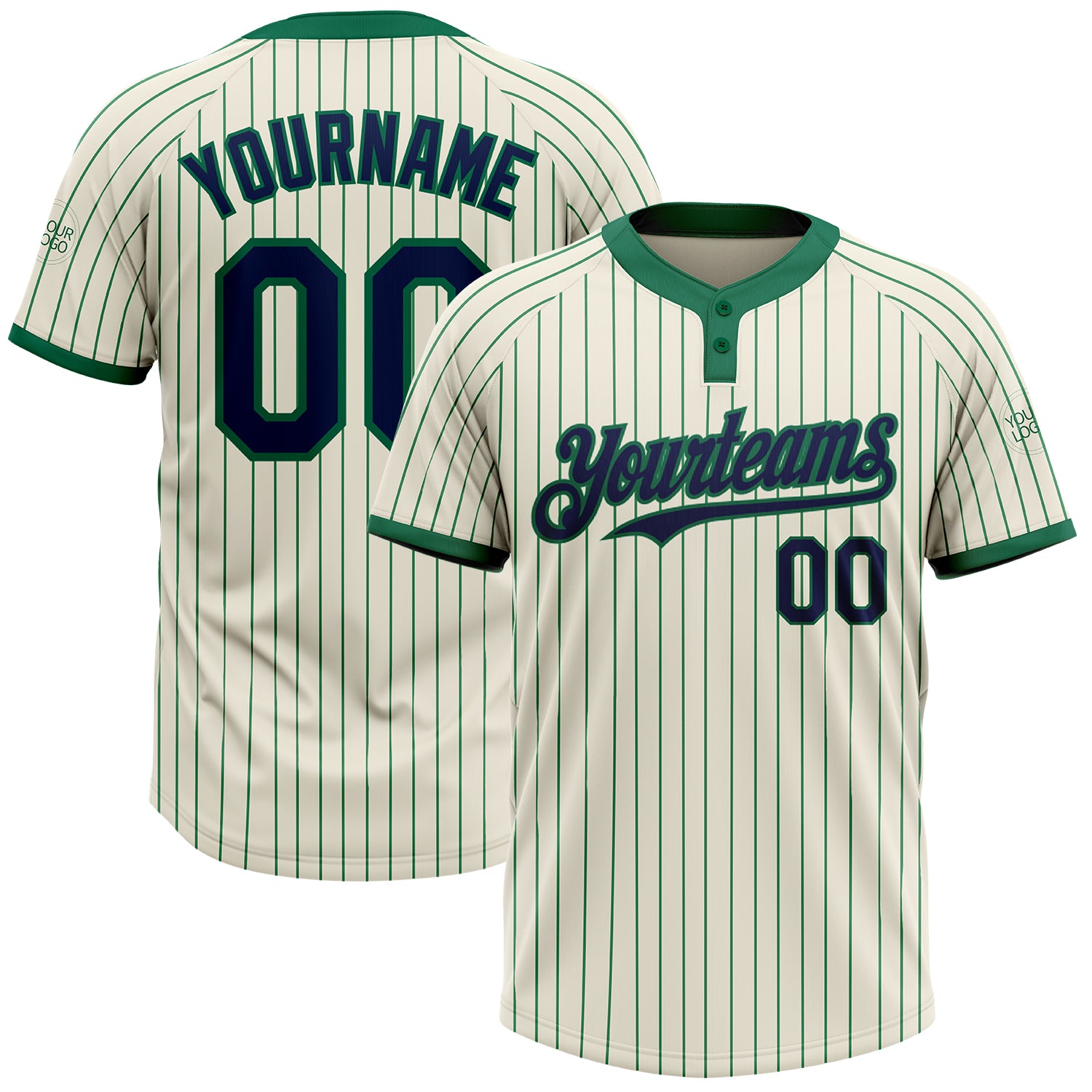 Custom Team Name Number Softball Jersey Unisex Two-Button Cream Kelly Green Pinstripe Personalized Cream Kelly Green Pinstripe