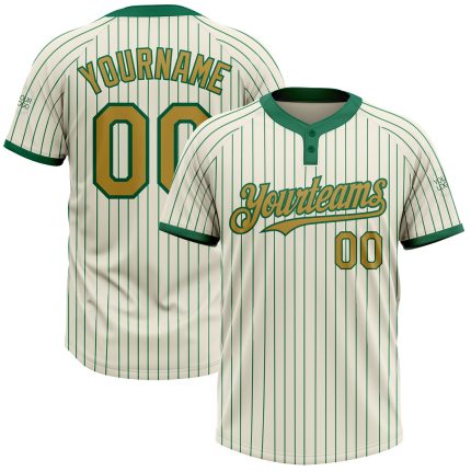 Custom Cream Kelly Green Pinstripe Two-Button Softball Jersey Unisex Old Gold Personalized Cream Kelly Green Pinstripe Old