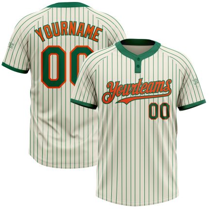 Personalized Unisex Softball Jersey in Cream Kelly Green Pinstripe with Orange Two-Button Design Personalized Cream Kelly