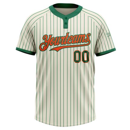 Personalized Unisex Softball Jersey in Cream Kelly Green Pinstripe with Orange Two-Button Design Personalized Cream Kelly