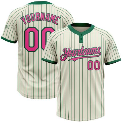 Custom Name and Number Unisex Softball Jersey - Personalized Cream and Kelly Green Pinstripe, Two-Button Design Personalized
