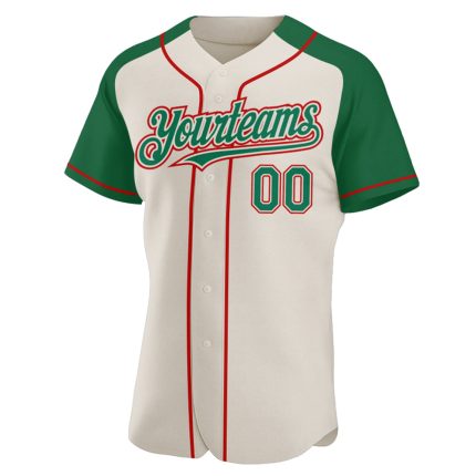 Custom Name and Number Personalized Baseball Jersey in Cream Kelly Green-Red with Authentic Raglan Sleeves Personalized Cream