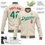 Personalized Kelly Green Red Bomber Varsity Letterman Jacket - Full-Snap Style Personalized Cream Kelly Green-Red Bomber