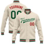 Customized Varsity Letterman Jacket with Name and Number - Cream Kelly Green-Red Full-Snap Bomber Style Personalized Cream