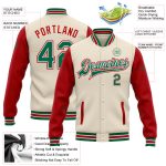 Personalized Kelly Green and Red Two Tone Varsity Letterman Bomber Jacket Full-Snap Personalized Cream Kelly Green-Red Bomber