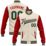 Personalized Kelly Green and Red Two Tone Varsity Letterman Bomber Jacket Full-Snap Personalized Cream Kelly Green-Red Bomber