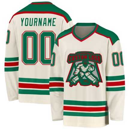 Custom Name Number Personalized Hockey Jersey in Cream Kelly Green Red Personalized Cream Kelly Green-Red Hockey Jersey Team