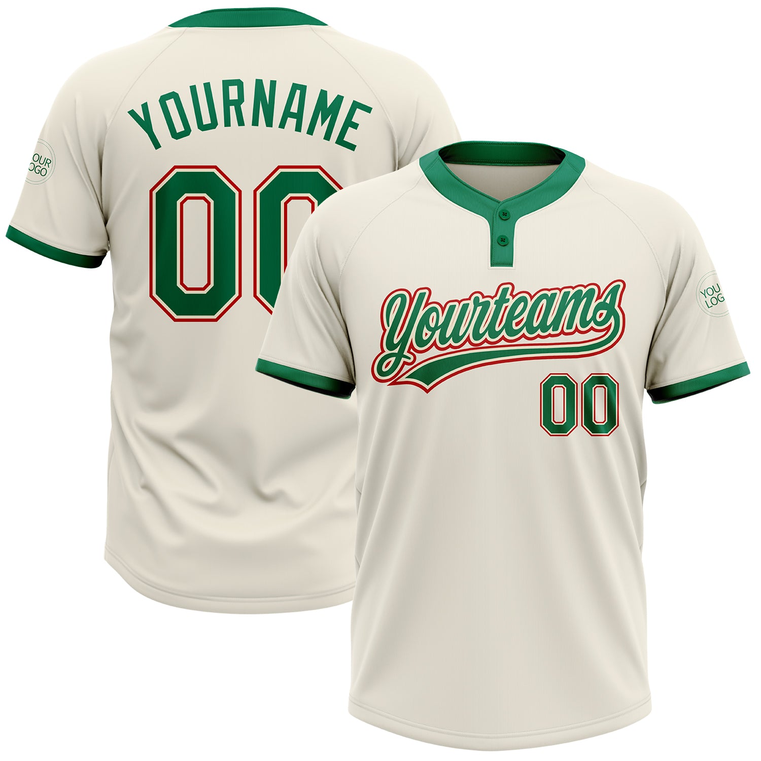 Custom Name Number Unisex Softball Jersey - Personalized Cream Kelly Green-Red Two-Button Design Personalized Cream Kelly