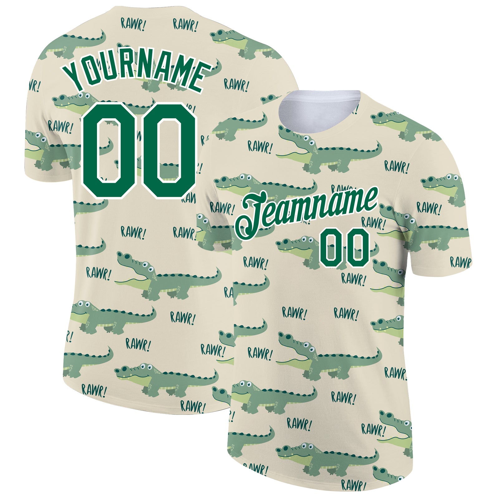 Custom Name & Number 3D Pattern Performance T-Shirt in Cream, Kelly Green & White - Crocodile Design Personalized Cream Kelly