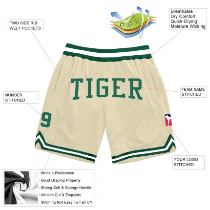 Custom Name and Number Personalized Authentic Basketball Shorts in Cream Kelly Green and White Personalized Cream Kelly Green-White