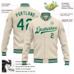 Custom Team Name Number Bomber Jacket Cream Kelly Green White Full-Snap Varsity Letterman - Personalized Apparel Personalized