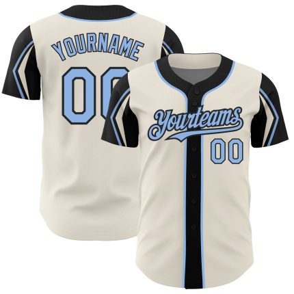 Personalized Baseball Jersey in Cream Light Blue and Black - 3 Color Arm Shapes Personalized Cream Light Blue-Black 3 Colors