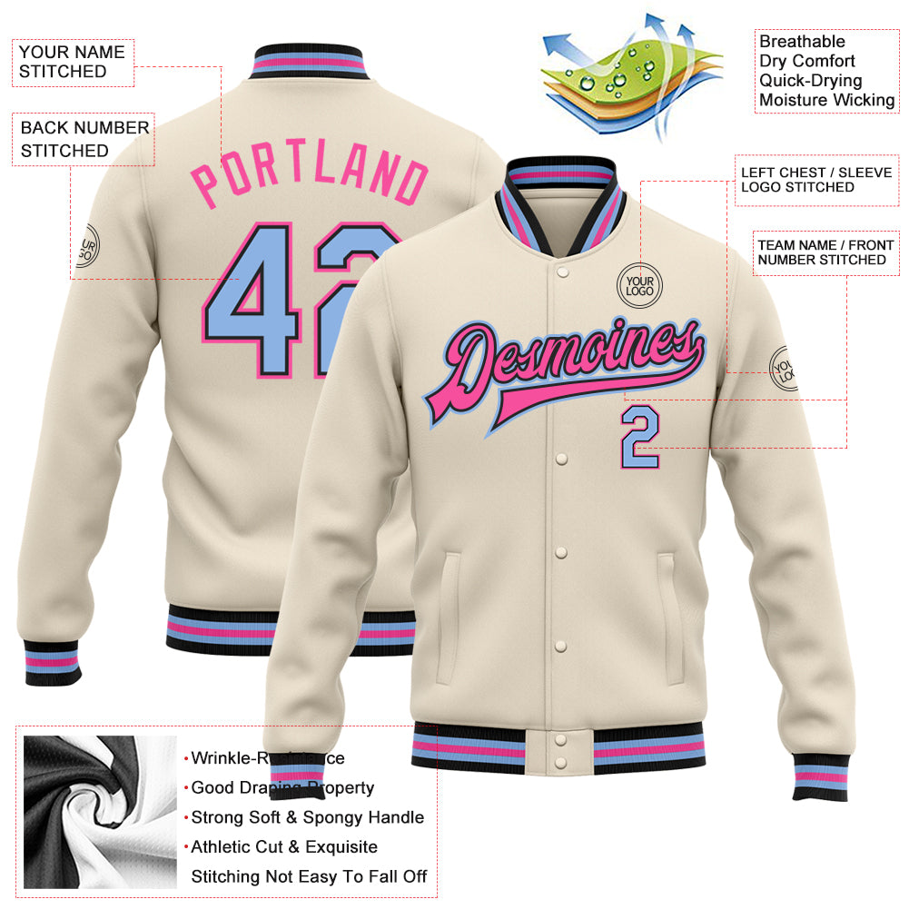 Personalized Cream Light Blue Black-Pink Bomber Full-Snap Varsity Letterman Jacket Personalized Light Blue Cream Black Pink Varsity Letterman Bomber Jacket Full-Snap Personalized Cream Light Blue Black-Pink - Image 5