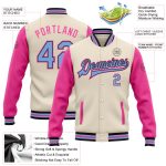 Customizable Two-Tone Black Pink Cream Light Blue Bomber Varsity Letterman Full-Snap Jacket Personalized Cream Light Blue