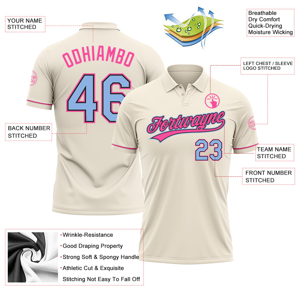 Personalized Cream Light Blue Black-Pink Performance Vapor Golf Polo Shirt Team Custom Name and Number Custom Light Blue Black-Pink Vapor Golf Polo Shirt for Team with Personalized Name and Number Personalized Cream Light Blue - Image 3