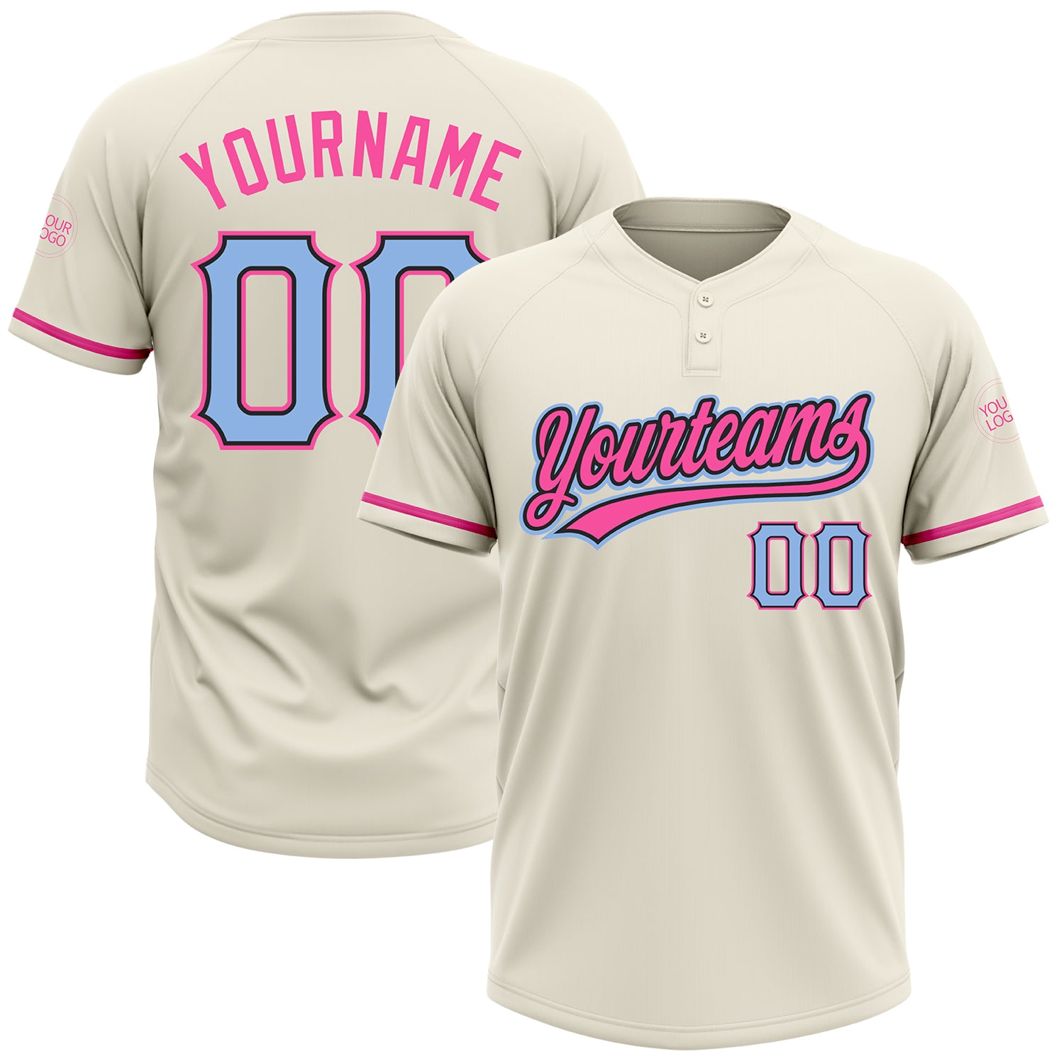 Personalized Light Blue Black-Pink Unisex Softball Jersey - Two-Button Design, Soft Fabric, Customizable, Youth/Adult Sizes