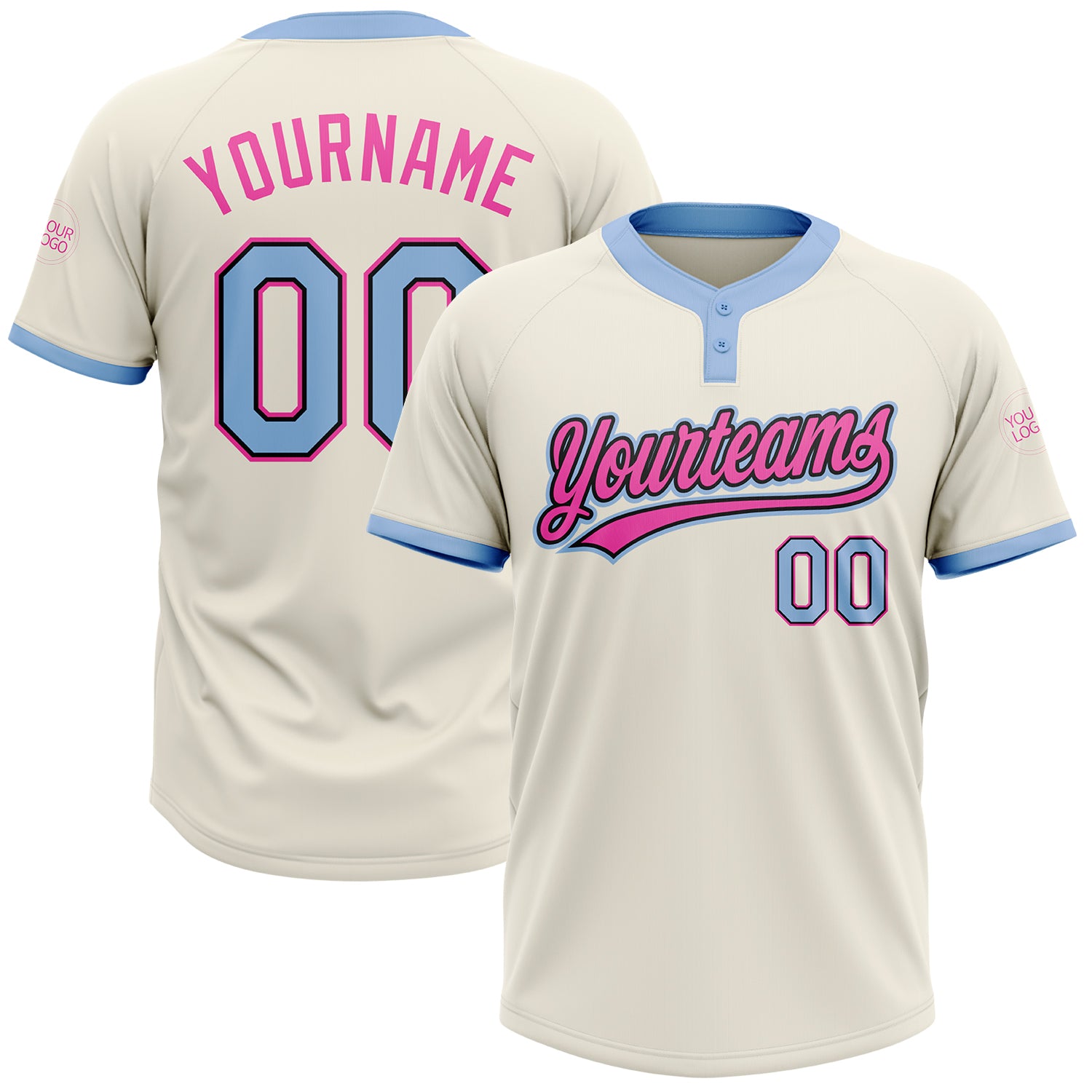Personalized Light Blue Black-Pink Two-Button Unisex Softball Jersey - Custom Softball Apparel Personalized Cream Light Blue