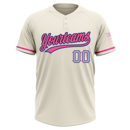 Personalized Unisex Softball Jersey in Cream Light Blue Black-Pink - Two-Button Design Personalized Cream Light Blue Black-Pink