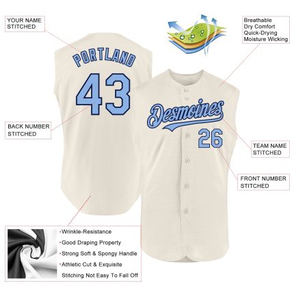 Custom Name and Number Personalized Baseball Jersey in Cream Light Blue and Navy - Authentic Sleeveless Design Personalized