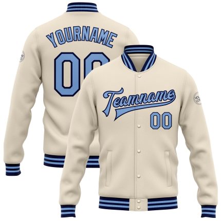 Personalized Light Blue Navy Bomber Varsity Letterman Jacket Full-Snap Personalized Cream Light Blue-Navy Bomber Full-Snap
